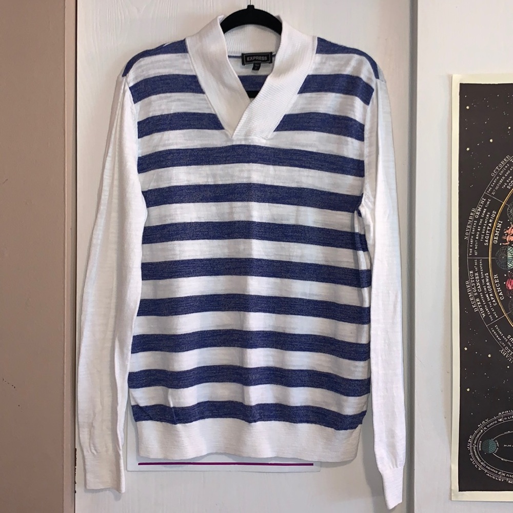 Men’s Express Blue White Striped V-Neck Stretch Long Sleeve Sweater Sz L